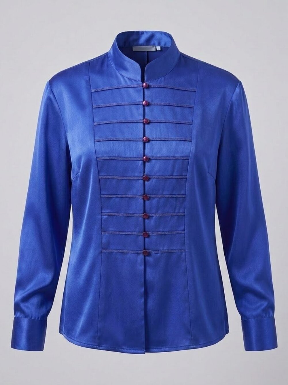 Women's Cobalt Blue Silk Satin Top – Structured Stand Collar Formal Blouse